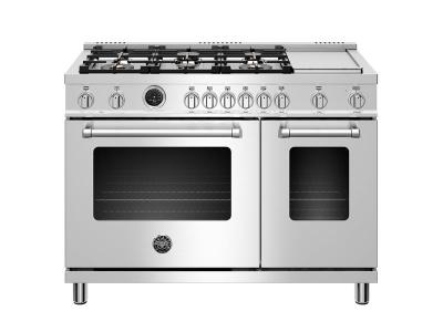 48" Bertazzoni Dual Fuel Range 6 brass burners and Griddle Electric Self-Clean Oven - MAST486GDFSXT