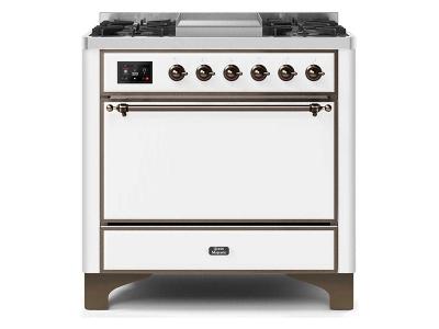 36" ILVE Majestic II Dual Fuel Freestanding Range With Bronze Trim In White - UM09FDQNS3WHB-LP