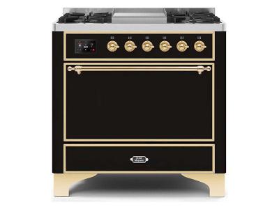 36" ILVE Majestic II Dual Fuel Natural Gas Range with Brass Trim in Glossy Black - UM09FDQNS3BKG-NG
