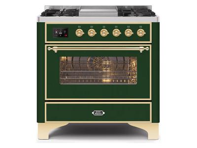 36" ILVE Majestic II Dual Fuel Range with Brass Trim in Emerald Green - UM09FDNS3EGG-NG