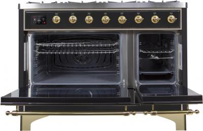 48" ILVE Majestic II Dual Fuel Range in Glossy Black with Brass Trim - UM12FDNS3BKG-LP