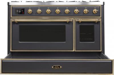 48" ILVE Majestic II Dual Fuel Range in Matte Graphite with Brass Trim - UM12FDNS3MGG-LP