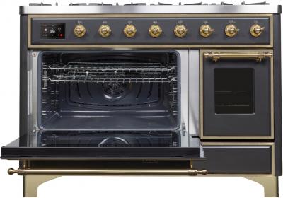 48" ILVE Majestic II Dual Fuel Range in Matte Graphite with Brass Trim - UM12FDNS3MGG-LP