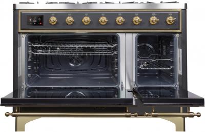 48" ILVE Majestic II Dual Fuel Range in Matte Graphite with Brass Trim - UM12FDNS3MGG-LP