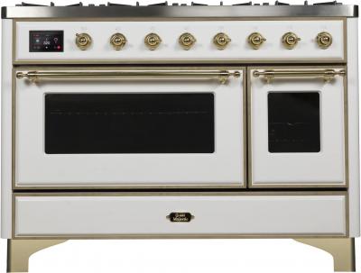 48" ILVE Majestic II Dual Fuel Range in White with Brass Trim - UM12FDNS3WHG-NG