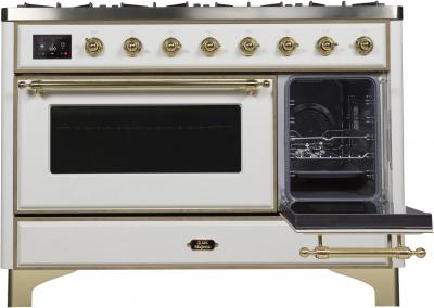 48" ILVE Majestic II Dual Fuel Range in White with Brass Trim - UM12FDNS3WHG-LP