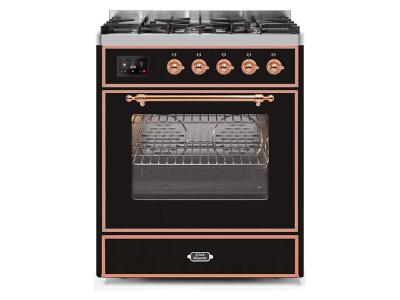 30" ILVE Majestic II Dual Fuel Range with Copper Trim in Glossy Black  - UM30DNE3BKP-LP