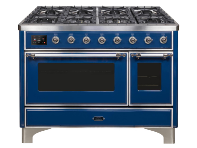 48" ILVE Majestic II Dual Fuel Range with Chrome Trim in Blue - UM12FDNS3MBC-NG