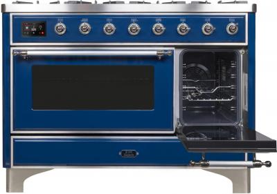 48" ILVE Majestic II Dual Fuel Range with Chrome Trim in Blue - UM12FDNS3MBC-NG