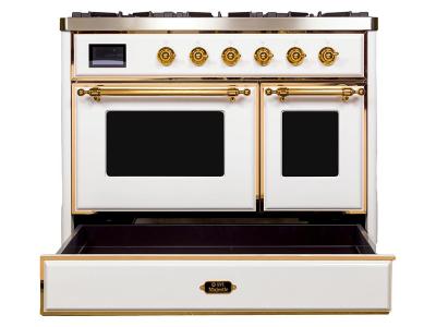 40" ILVE Majestic II Dual Fuel Range with Brass Trim in White  - UMD10FDNS3WHG-NG