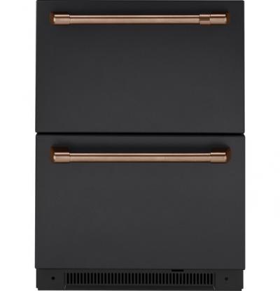 black fridge with copper handles