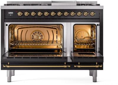 48" ILVE Nostalgie II Dual Fuel Natural Gas Freestanding Range in Glossy Black with Brass Trim - UP48FNMP/BKG NG