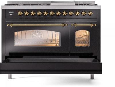 48" ILVE Nostalgie II Dual Fuel Natural Gas Freestanding Range in Glossy Black with Brass Trim - UP48FNMP/BKG NG