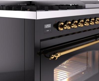 48" ILVE Nostalgie II Dual Fuel Natural Gas Freestanding Range in Glossy Black with Brass Trim - UP48FNMP/BKG NG