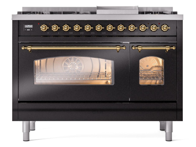 48" ILVE Nostalgie II Dual Fuel Natural Gas Freestanding Range in Glossy Black with Brass Trim - UP48FNMP/BKG NG