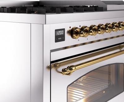 48" ILVE Nostalgie II Dual Fuel Liquid Propane Freestanding Range in Stainless Steel with Brass Trim - UP48FNMP/SSG LP