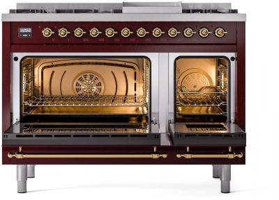 48" ILVE Nostalgie II Dual Fuel Liquid Propane Freestanding Range in Burgundy with Brass Trim - UP48FNMP/BUG LP