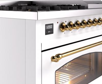 48" ILVE Nostalgie II Dual Fuel Liquid Propane Freestanding Range in White with Brass Trim - UP48FNMP/WHG LP