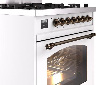 30" ILVE Nostalgie II Dual Fuel Natural Gas Freestanding Range in White with Bronze Trim - UP30NMP/WHB NG