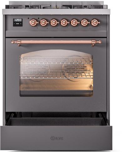30" ILVE Nostalgie II Dual Fuel Natural Gas Freestanding Range in Matte Graphite with Copper Trim - UP30NMP/MGP NG