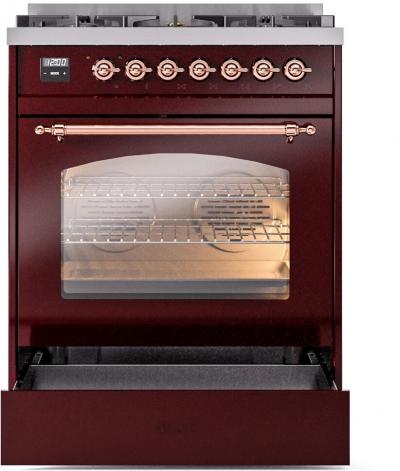 30" ILVE Nostalgie II Dual Fuel Natural Gas Freestanding Range in Burgundy with Copper Trim - UP30NMP/BUP NG