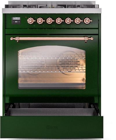 30" ILVE Nostalgie II Dual Fuel Natural Gas Freestanding Range in Emerald Green with Copper Trim - UP30NMP/EGP NG