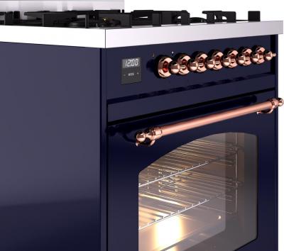 30" ILVE Nostalgie II Dual Fuel Natural Gas Freestanding Range in Blue with Copper Trim - UP30NMP/MBP NG