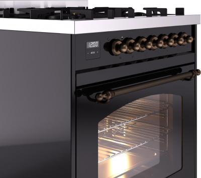 30" ILVE Nostalgie II Dual Fuel Natural Gas Freestanding Range in Glossy Black with Bronze Trim - UP30NMP/BKB NG