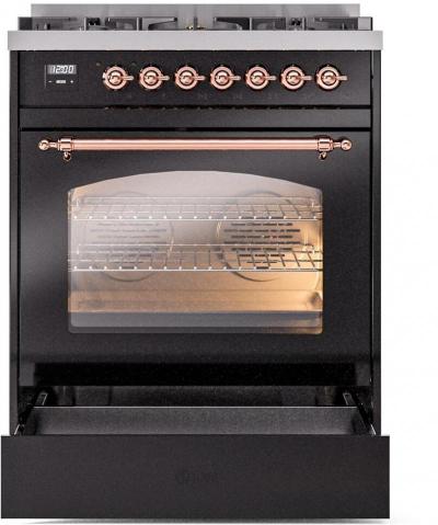 30" ILVE Nostalgie II Dual Fuel Natural Gas Freestanding Range in Glossy Black with Copper Trim - UP30NMP/BKP NG