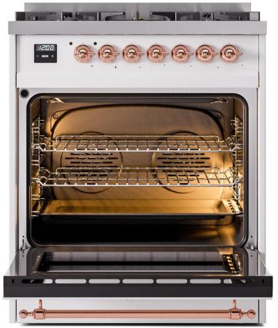 30" ILVE Nostalgie II Dual Fuel Natural Gas Freestanding Range in White with Copper Trim - UP30NMP/WHP NG