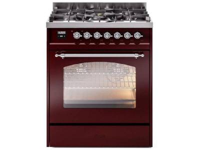 30" ILVE Nostalgie II Dual Fuel Liquid Propane Freestanding Range in Burgundy with Chrome Trim - UP30NMP/BUC LP