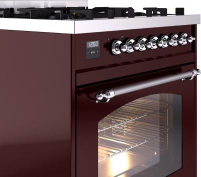 30" ILVE Nostalgie II Dual Fuel Liquid Propane Freestanding Range in Burgundy with Chrome Trim - UP30NMP/BUC LP