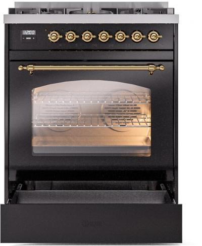 30" ILVE Nostalgie II Dual Fuel Natural Gas Freestanding Range in Glossy Black with Brass Trim - UP30NMP/BKG NG