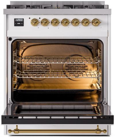 30" ILVE Nostalgie II Dual Fuel Natural Gas Freestanding Range in White with Brass Trim - UP30NMP/WHG NG