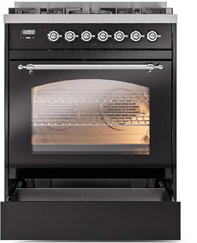 30" ILVE Nostalgie II Dual Fuel Natural Gas Freestanding Range in Glossy Black with Chrome Trim - UP30NMP/BKC NG