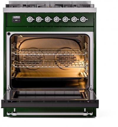 30" ILVE Nostalgie II Dual Fuel Natural Gas Freestanding Range in Emerald Green with Chrome Trim - UP30NMP/EGC NG