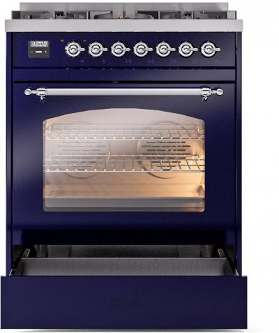 30" ILVE Nostalgie II Dual Fuel Natural Gas Freestanding Range in Blue with Chrome Trim - UP30NMP/MBC NG