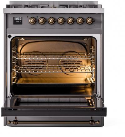 30" ILVE Nostalgie II Dual Fuel Natural Gas Freestanding Range in Matte Graphite with Bronze Trim - UP30NMP/MGB NG