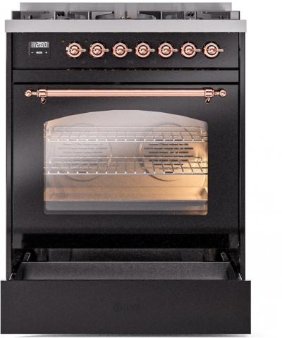 30" ILVE Nostalgie II Dual Fuel Liquid Propane Freestanding Range in Glossy Black with Copper Trim - UP30NMP/BKP LP