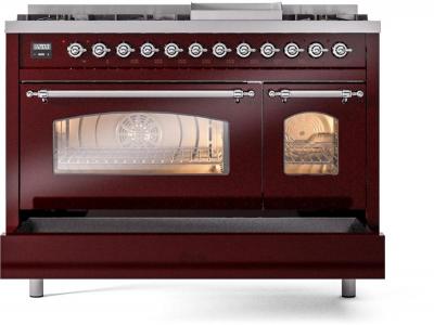 48" ILVE Nostalgie II Dual Fuel Liquid Propane Freestanding Range in Burgundy with Chrome Trim - UP48FNMP/BUC LP