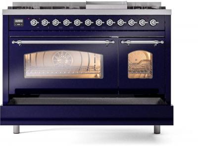 48" ILVE Nostalgie II Dual Fuel Liquid Propane Freestanding Range in Blue with Chrome Trim - UP48FNMP/MBC LP