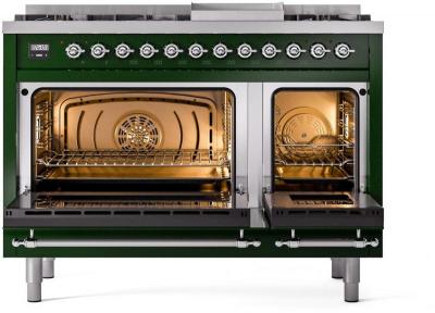 48" ILVE Nostalgie II Dual Fuel Liquid Propane Freestanding Range in Emerald Green with Chrome Trim -UP48FNMP/EGC LP