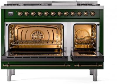 48" ILVE Nostalgie II Dual Fuel Liquid Propane Freestanding Range in Emerald Green with Bronze Trim - UP48FNMP/EGB LP