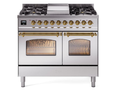 40" ILVE Nostalgie II Dual Fuel Liquid Propane Freestanding Range in Stainless Steel with Brass Trim - UPD40FNMP/SSG LP