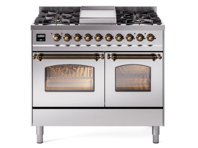 40" ILVE Nostalgie II Dual Fuel Liquid Propane Freestanding Range in Stainless Steel with Bronze Trim - UPD40FNMP/SSB LP