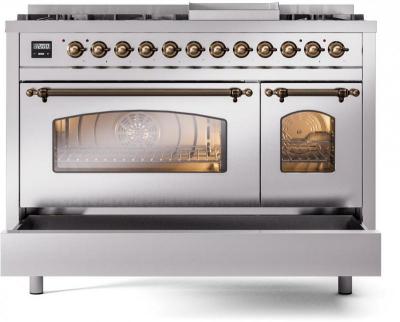 48" ILVE Nostalgie II Dual Fuel Natural Gas Freestanding Range in Stainless Steel with Bronze Trim - UP48FNMP/SSB NG