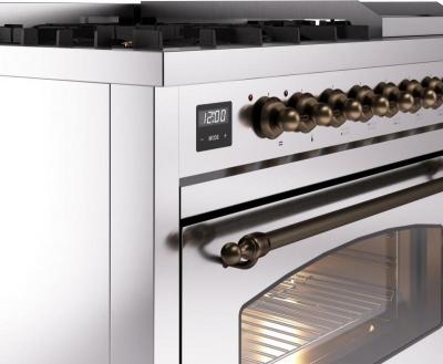 48" ILVE Nostalgie II Dual Fuel Natural Gas Freestanding Range in Stainless Steel with Bronze Trim - UP48FNMP/SSB NG