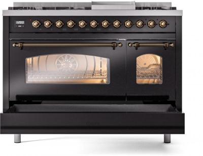 48" ILVE Nostalgie II Dual Fuel Natural Gas Freestanding Range in Glossy Black with Bronze Trim - UP48FNMP/BKB NG