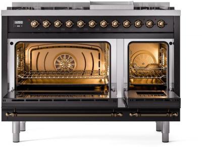 48" ILVE Nostalgie II Dual Fuel Natural Gas Freestanding Range in Glossy Black with Bronze Trim - UP48FNMP/BKB NG