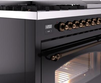 48" ILVE Nostalgie II Dual Fuel Natural Gas Freestanding Range in Glossy Black with Bronze Trim - UP48FNMP/BKB NG